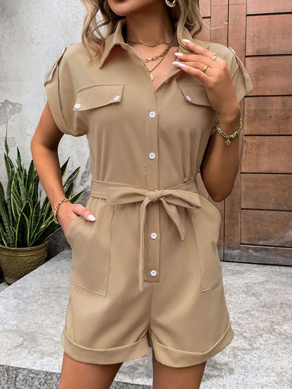 Collared Neck Tie Waist Romper with Pockets-Angel Casuals