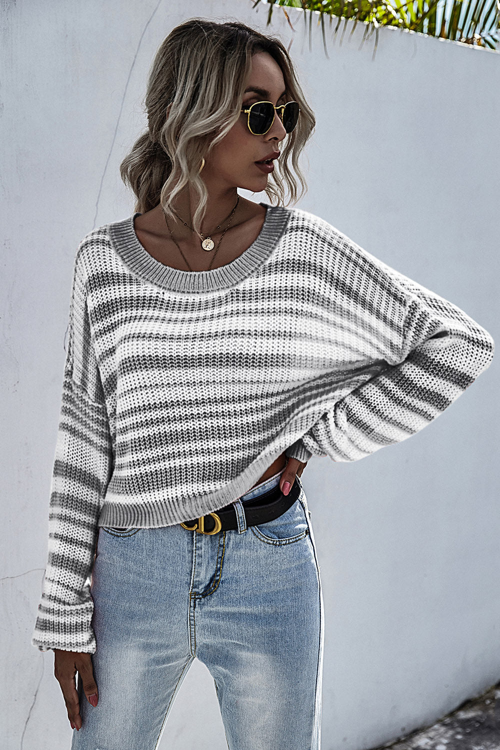 Perfee Striped Round Neck Dropped Shoulder Sweater-Angel Casuals