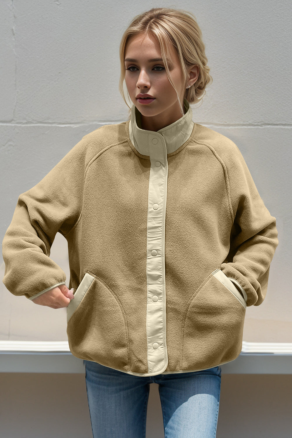 Double Take Snap Down Contrast Fleece Jacket with Pockets-Angel Casuals