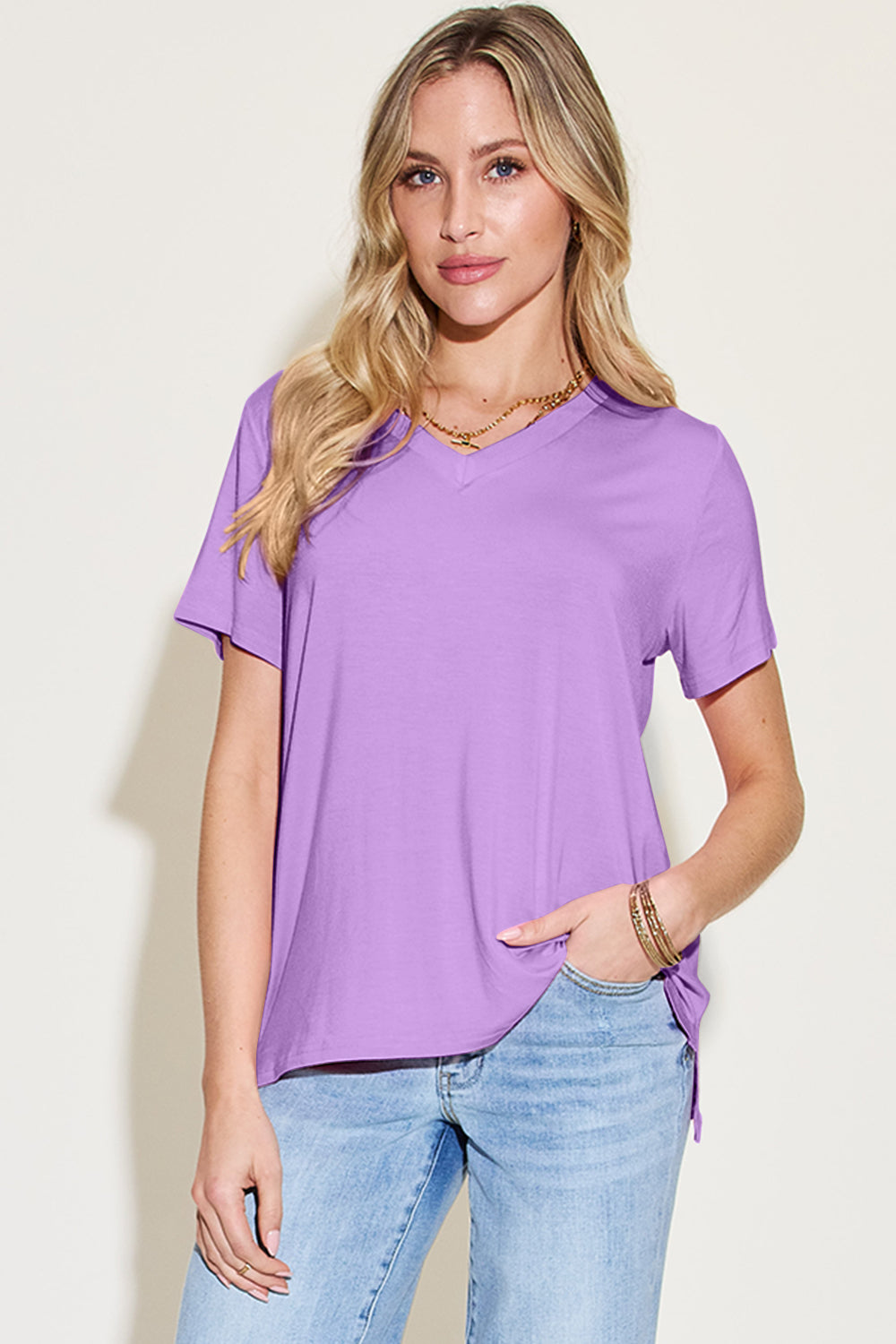 Basic Bae Bamboo Full Size V-Neck High-Low T-Shirt-Angel Casuals