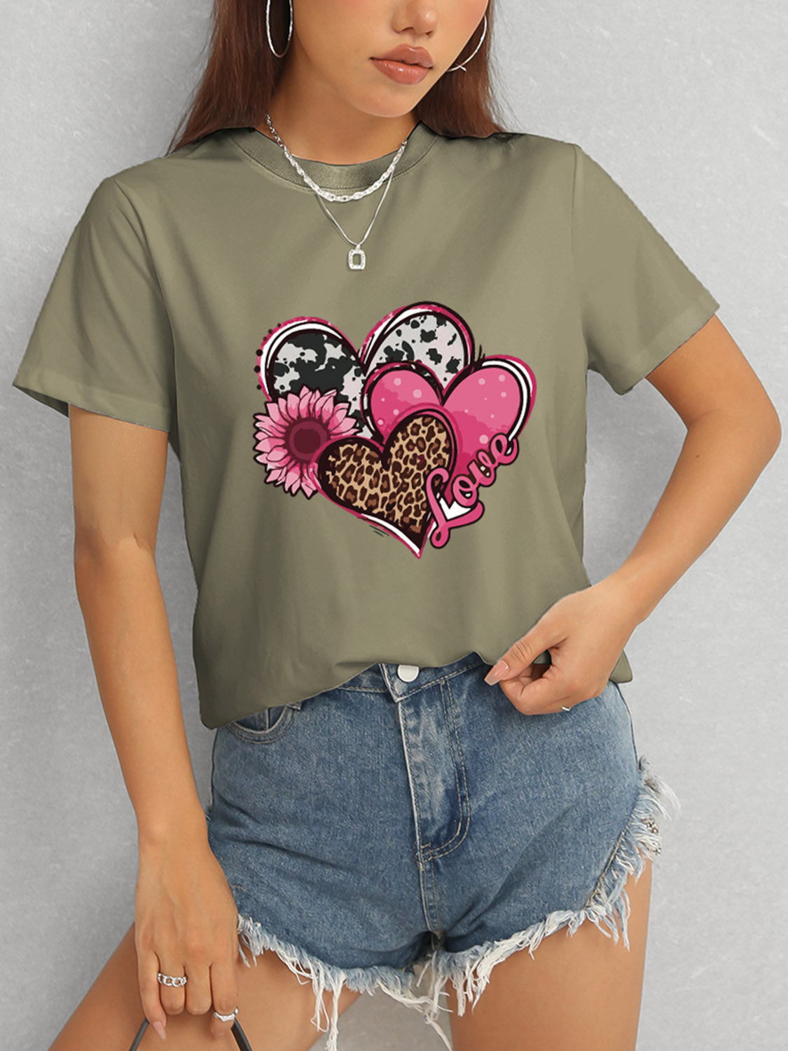 Heart Round Neck Short Sleeve T-Shirt-Angel Casuals