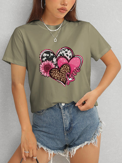 Heart Round Neck Short Sleeve T-Shirt-Angel Casuals