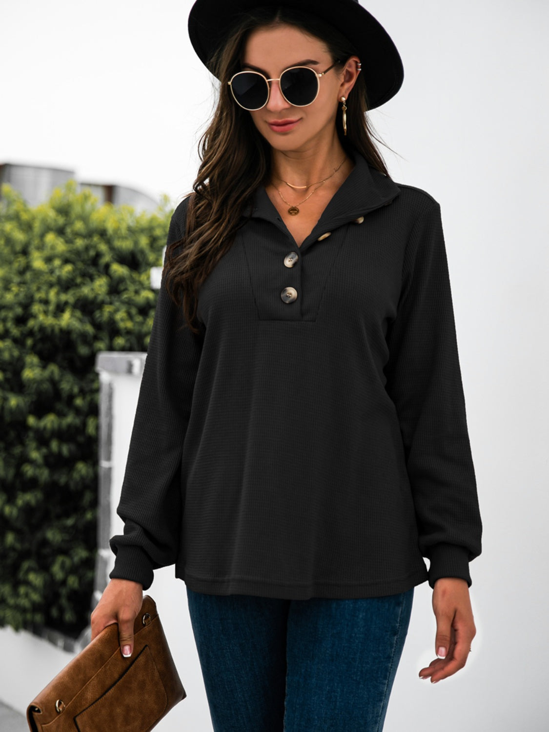 Half Button Long Sleeve T-Shirt-Angel Casuals