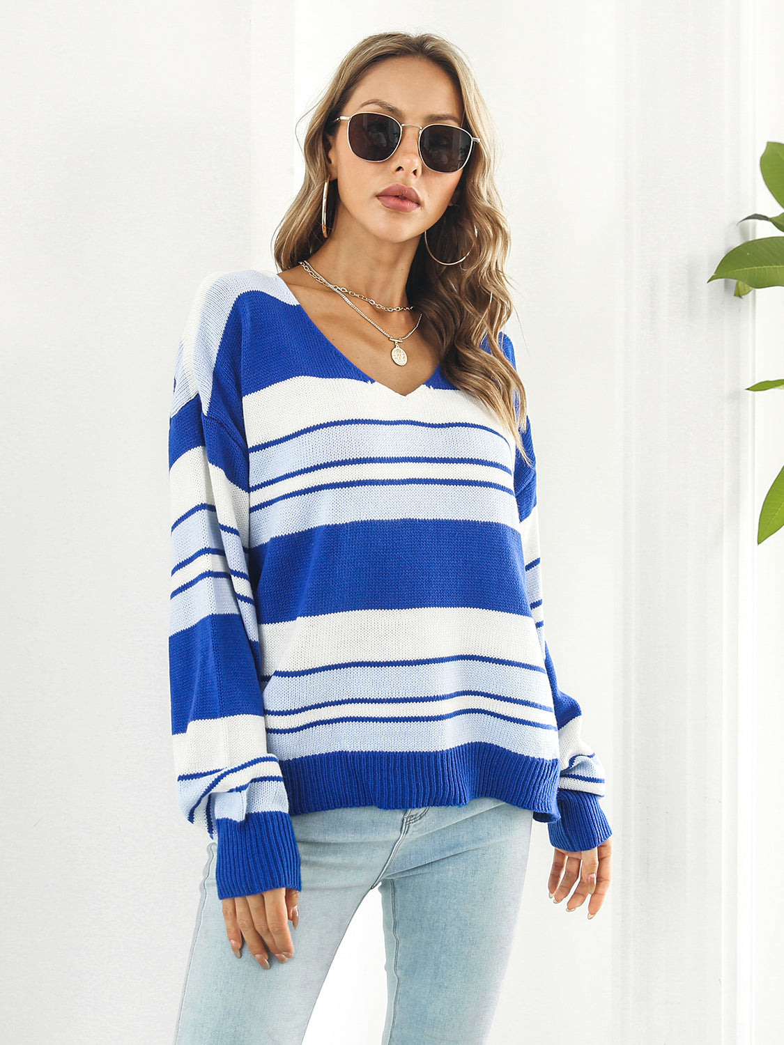 Striped V-Neck Long Sleeve Knit Top-Angel Casuals