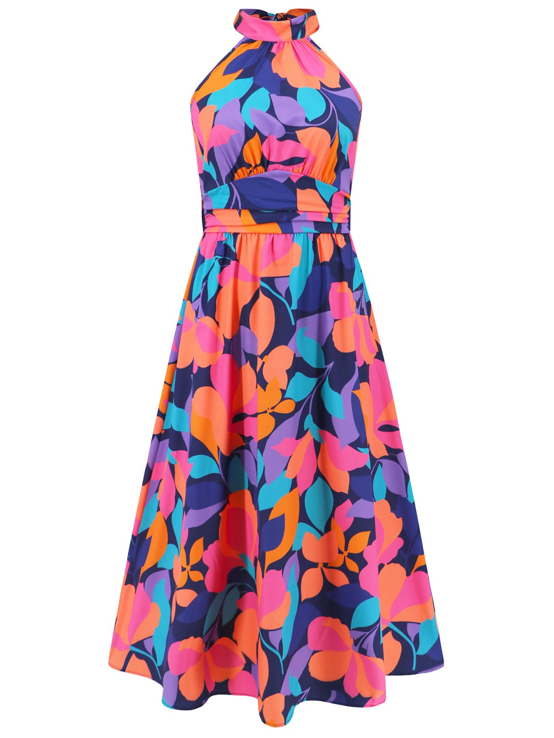 Ruched Printed Halter Neck Sleeveless Dress-Angel Casuals