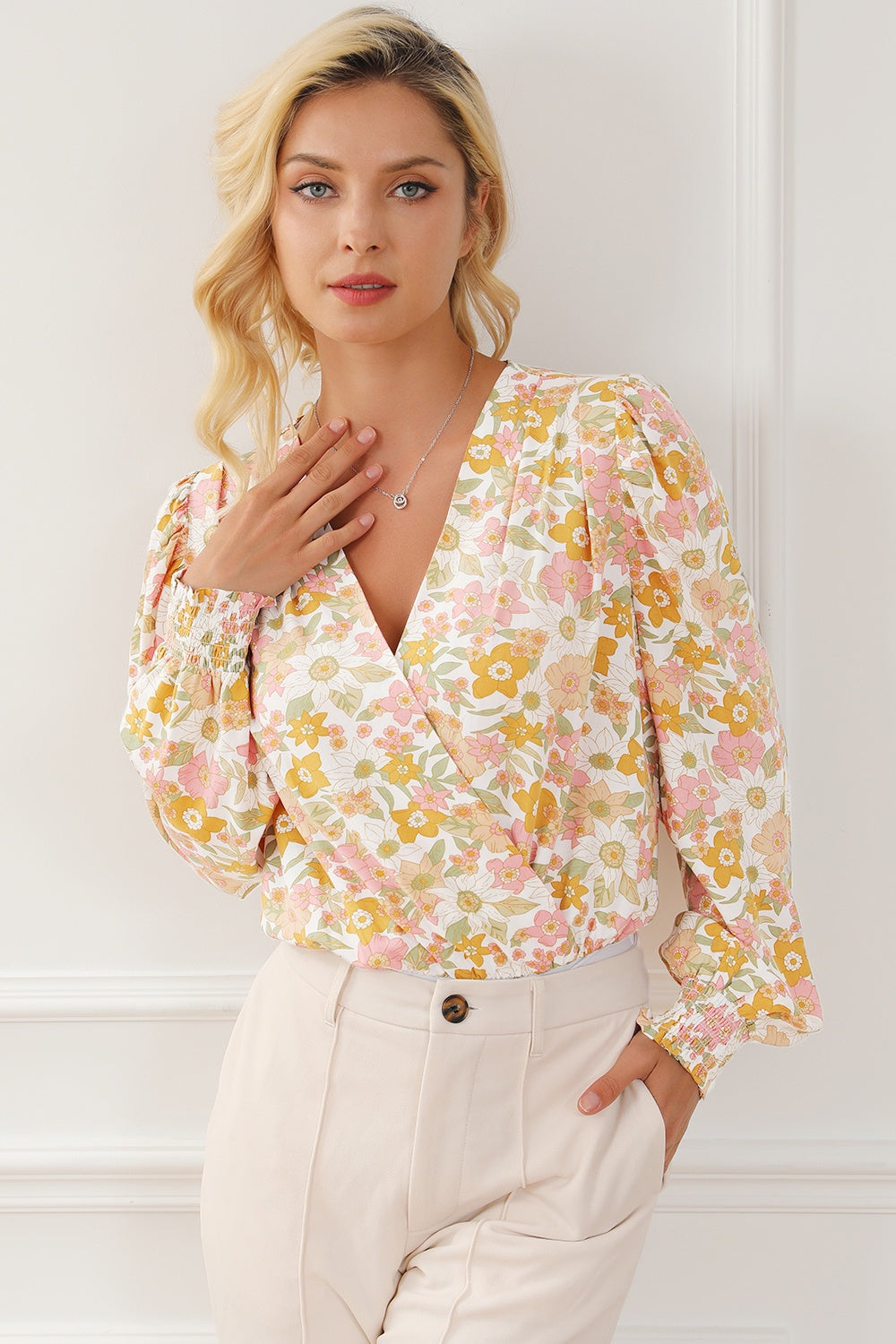 Floral Surplice Lantern Sleeve Bodysuit-Angel Casuals