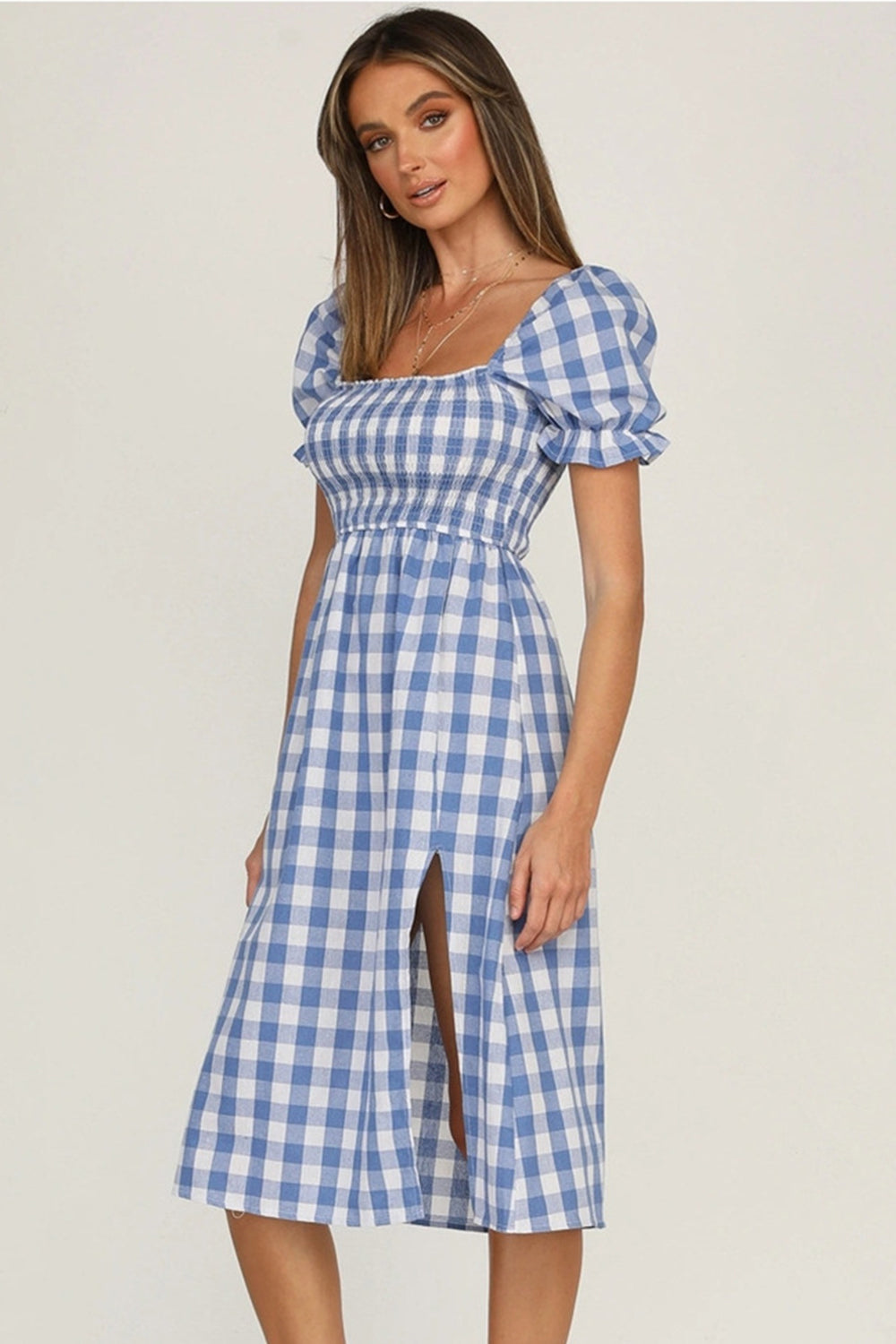 Full Size Slit Plaid Short Sleeve Midi Dress-Angel Casuals