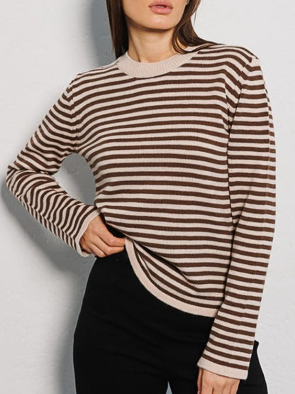 Striped Round Neck Long Sleeve Sweater-Angel Casuals