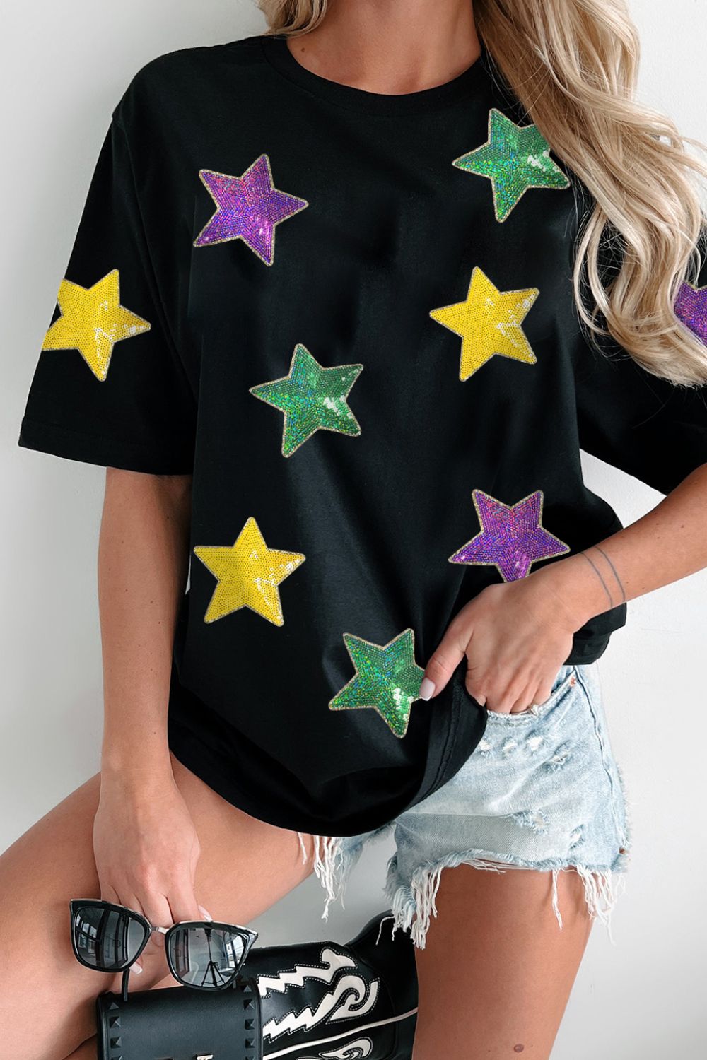 Sequin Stars Patched Round Neck T-Shirt-Angel Casuals