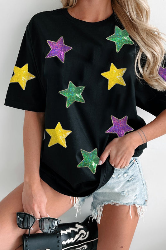 Sequin Stars Patched Round Neck T-Shirt-Angel Casuals