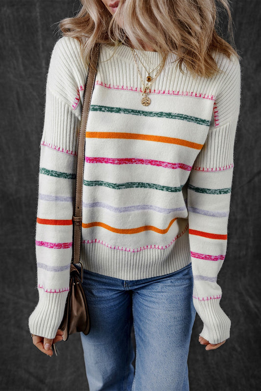 Striped Round Neck Dropped Shoulder Sweater-Angel Casuals