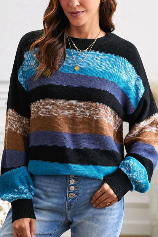 Contrast Striped Round Neck Drop Shoulder Sweater-Angel Casuals