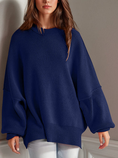 Double Take Side Slit Round Neck Long Sleeve Sweater-Angel Casuals