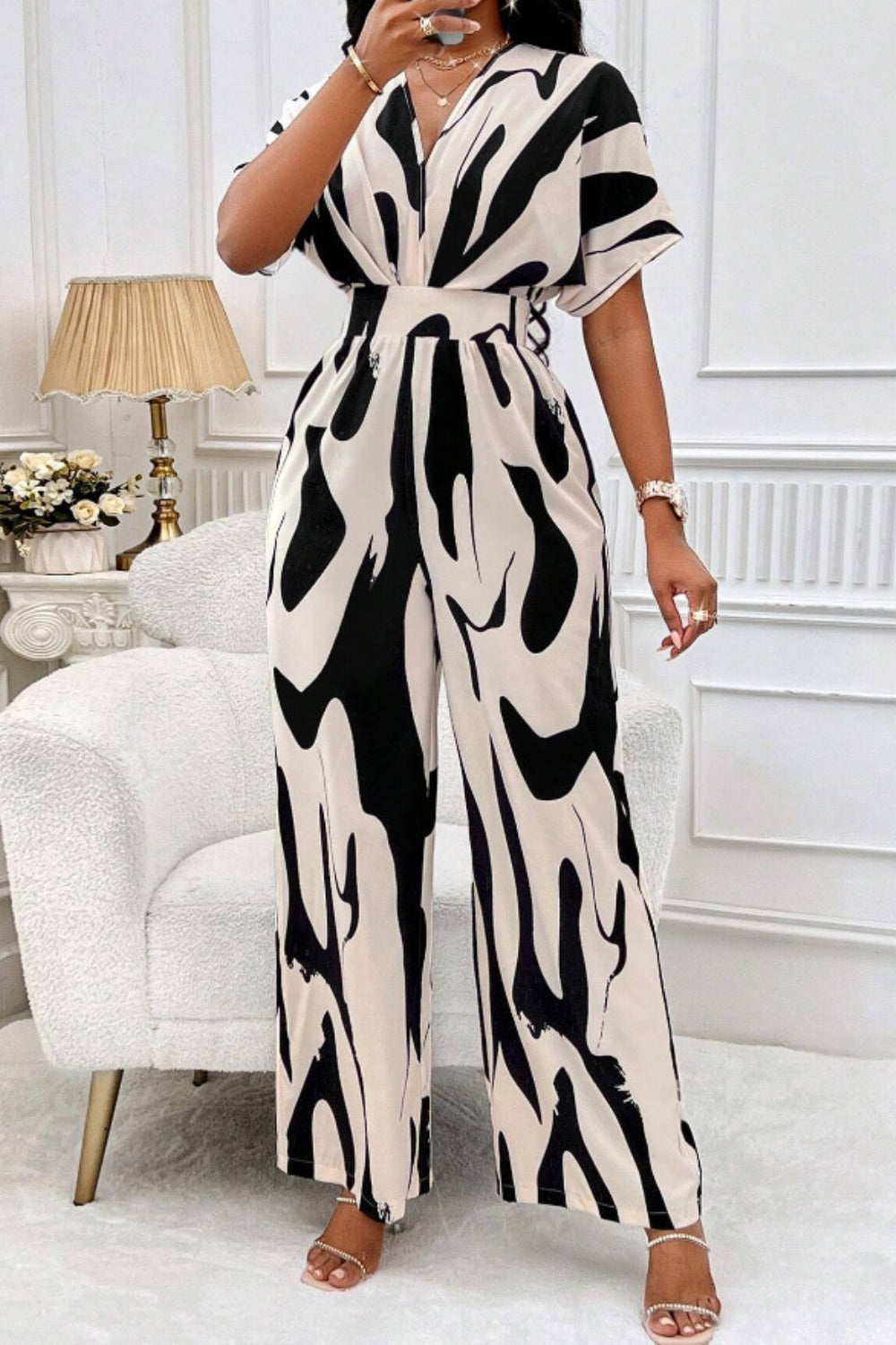 Printed V-Neck Short Sleeve Wide Leg Jumpsuit-Angel Casuals