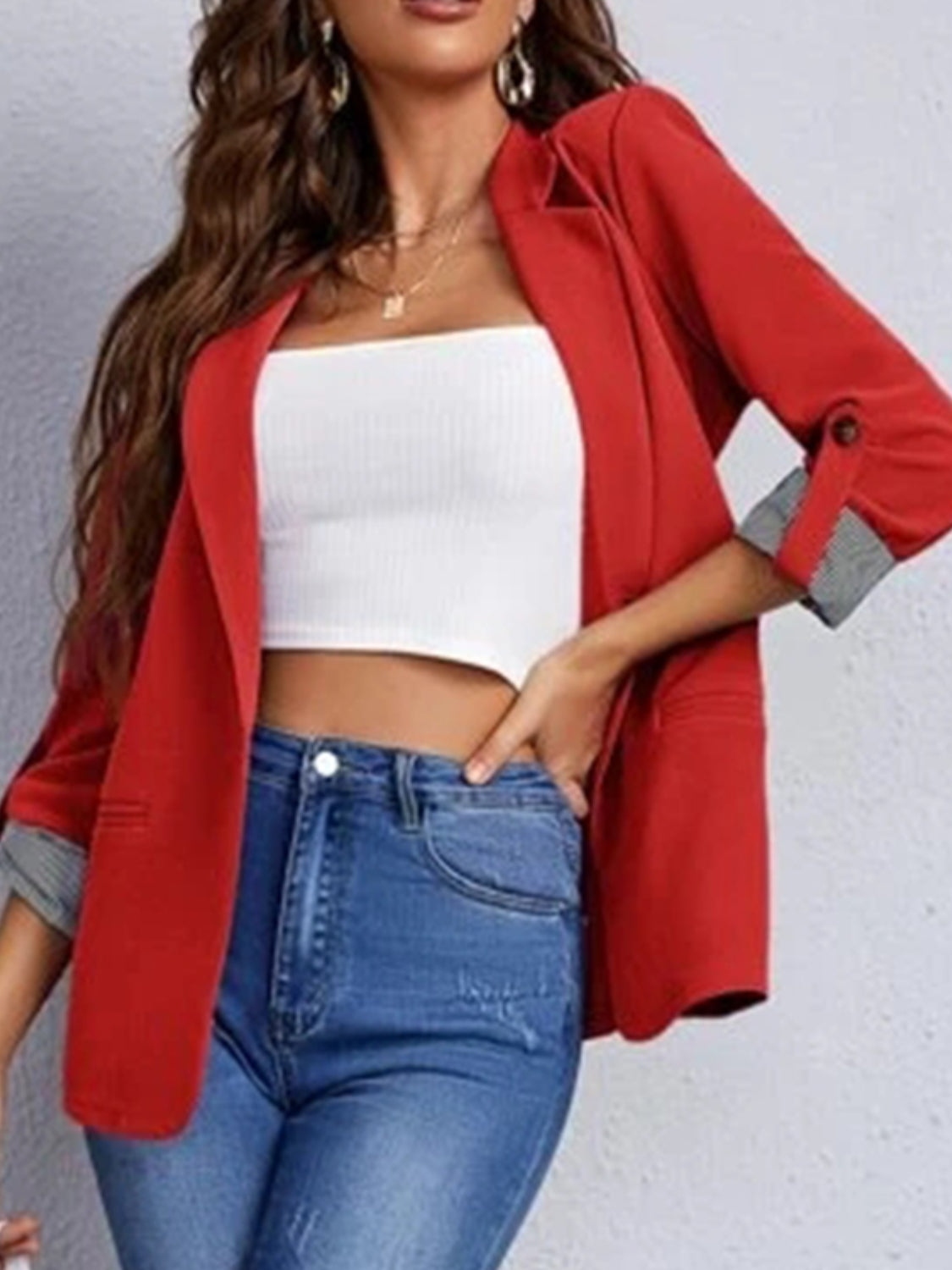 Lapel Collar Roll-Tab Sleeve Blazer-Angel Casuals