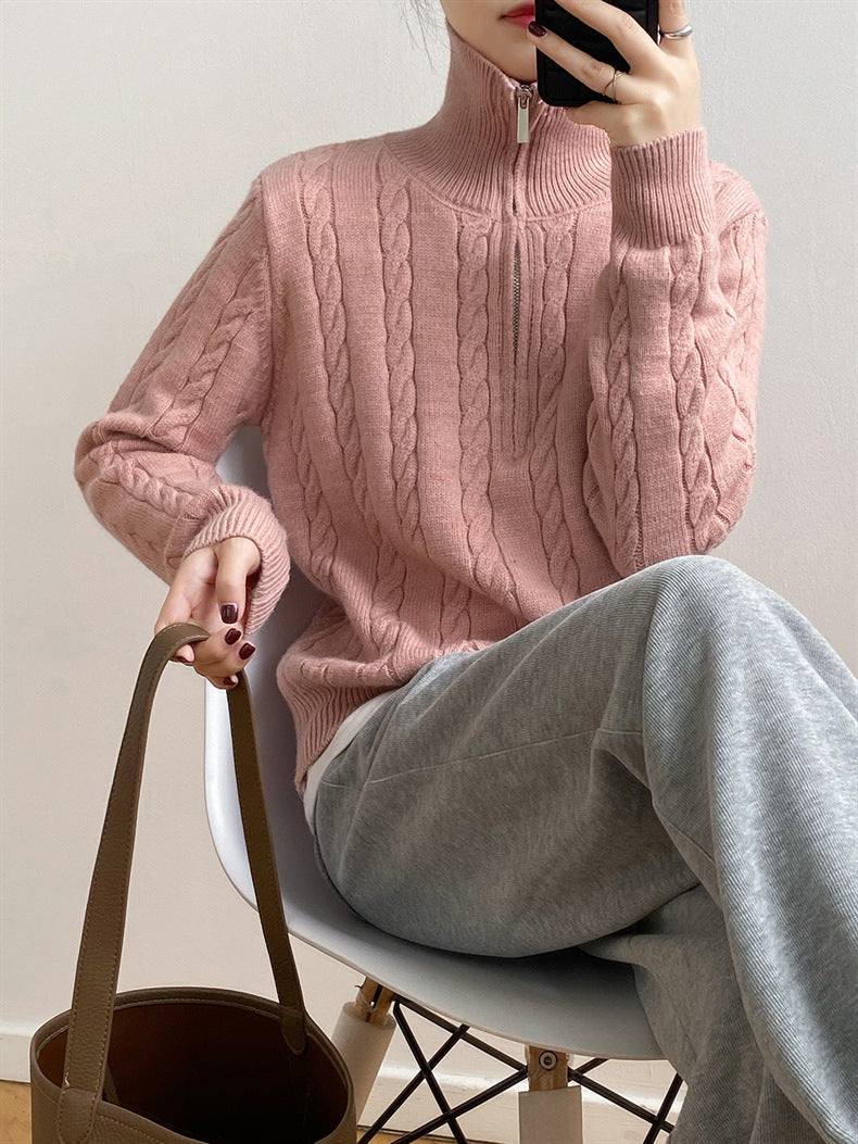 Cable-Knit Half Zip Long Sleeve Sweater-Angel Casuals