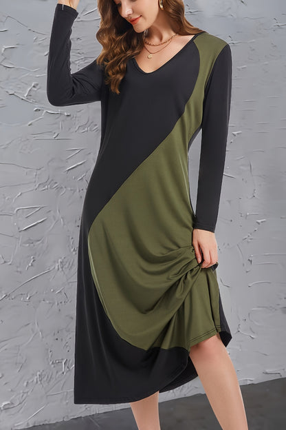 Contrast Long Sleeve Midi Dress-Angel Casuals