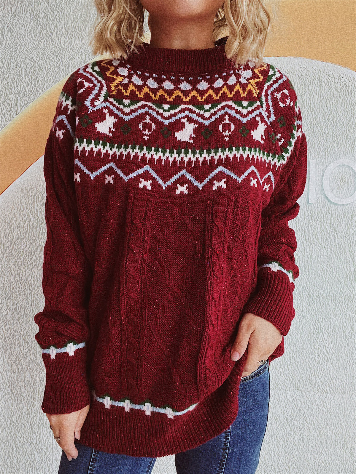 Cable-Knit Mock Neck Long Sleeve Sweater-Angel Casuals