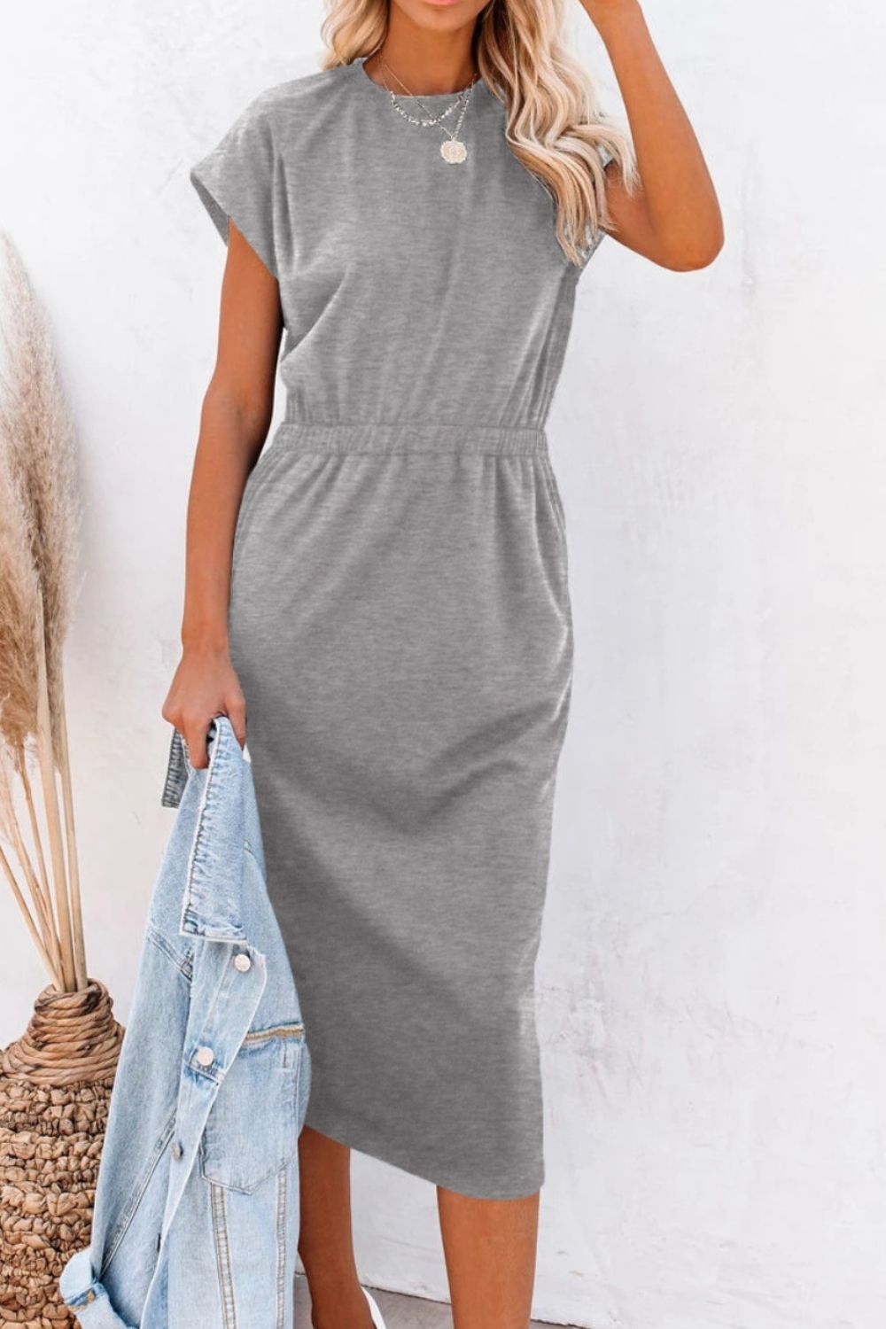 Pocketed Round Neck Cap Sleeve Dress-Angel Casuals