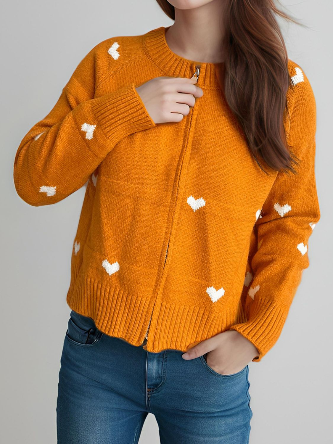 Heart Round Neck Zip Up Cardigan-Angel Casuals