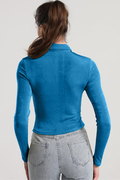 Ruched Button Up Long Sleeve T-Shirt-Angel Casuals