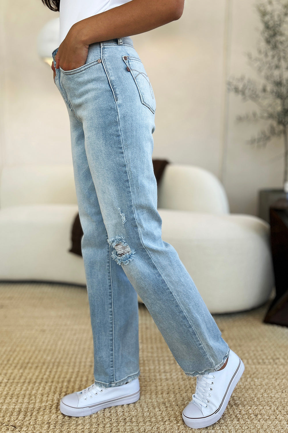 Judy Blue Full Size High Waist Distressed Straight Jeans-Angel Casuals