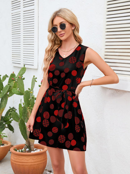 Tied Polka Dot V-Neck Dress-Angel Casuals