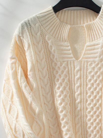 Cable-Knit Notched Long Sleeve Sweater-Angel Casuals