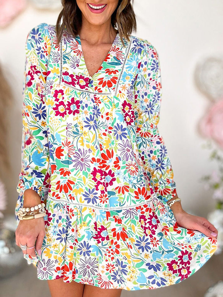 V-Neck Floral Print Long Sleeve Mini Dress-Angel Casuals