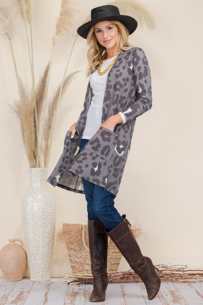 Celeste Full Size Leopard Open Front Contrast Cardigan-Angel Casuals