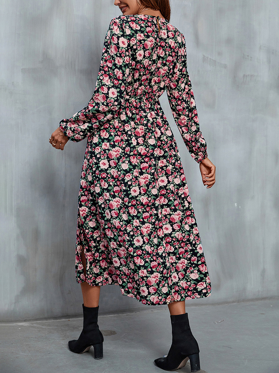 Floral V-Neck Slit Midi Dress-Angel Casuals