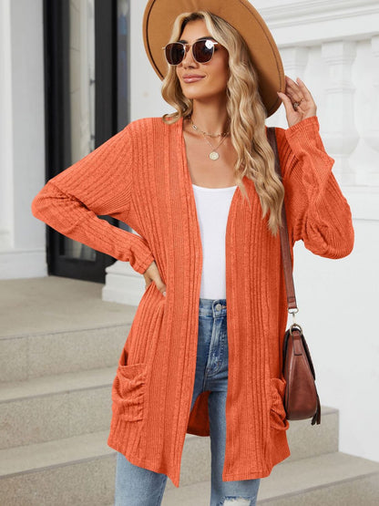 Pocketed Open Front Long Sleeve Cardigan-Angel Casuals