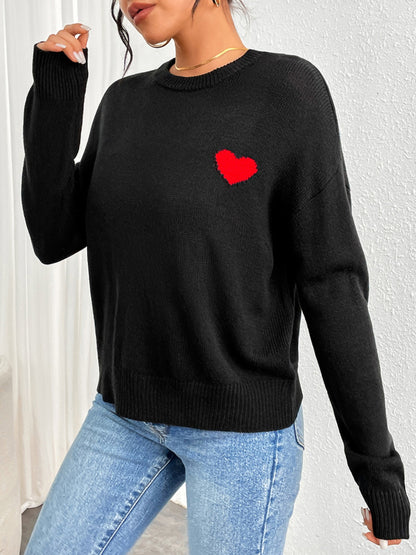 Heart Round Neck Long Sleeve Sweater-Angel Casuals