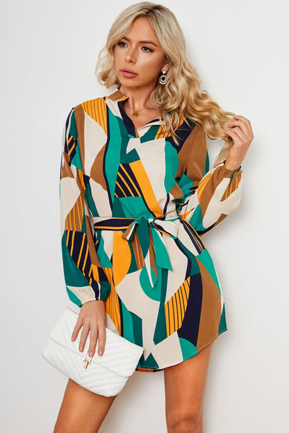 Geometric Print Belted Curved Hem Dress-Angel Casuals