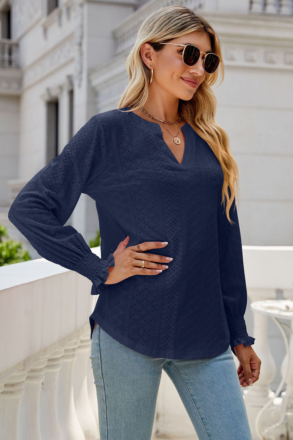 Eyelet Notched Lantern Sleeve T-Shirt-Angel Casuals