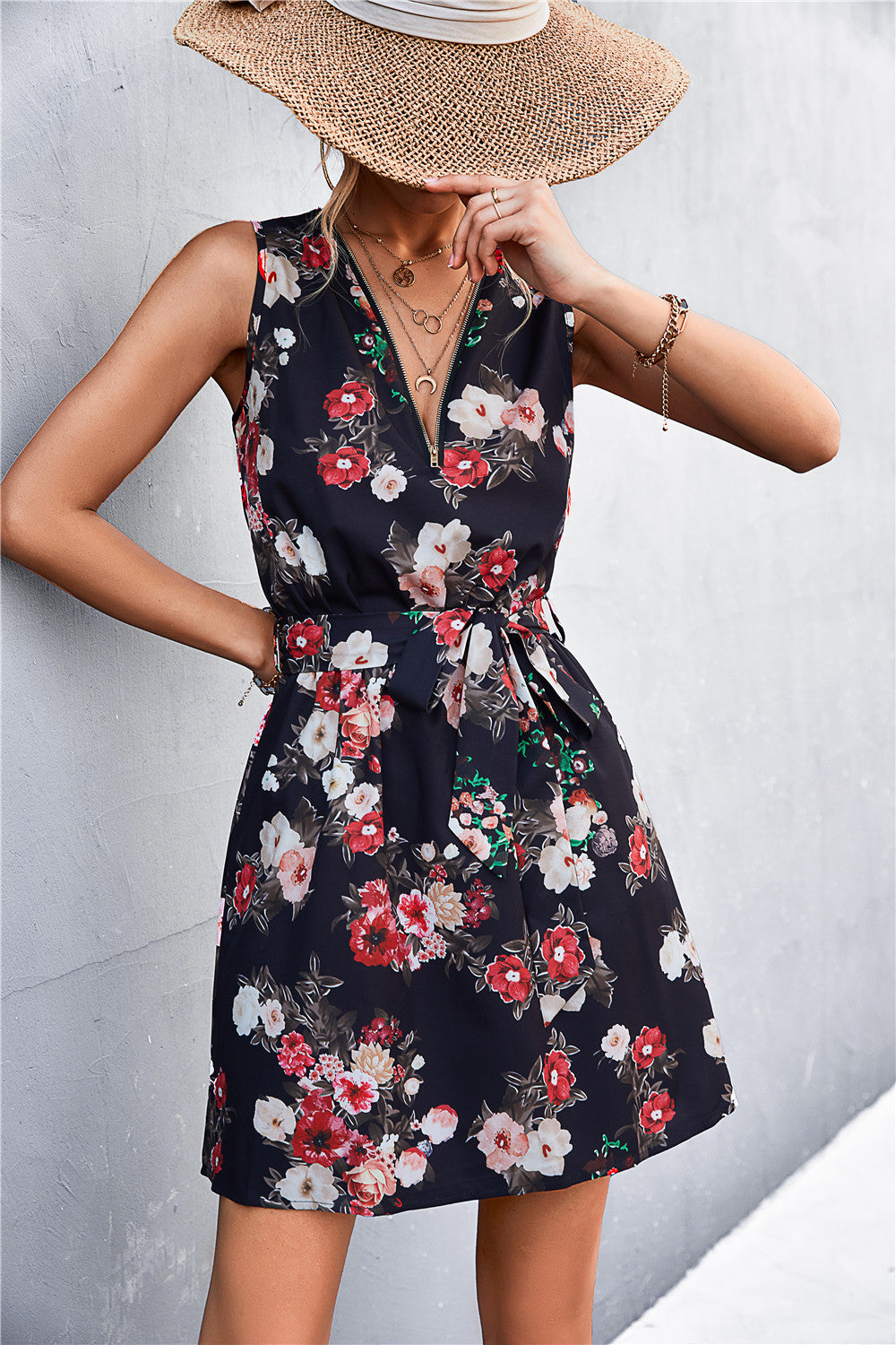 Printed Zip Detail Belted Sleeveless Dress-Angel Casuals