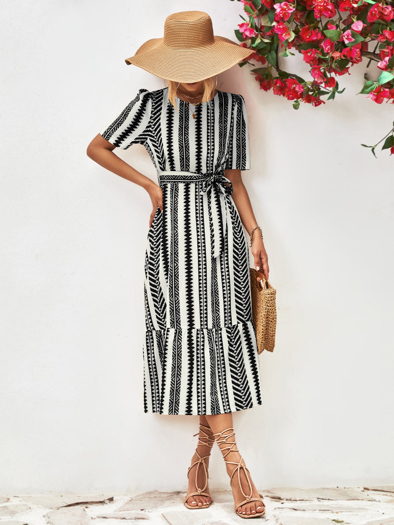 Striped Tie Belt Round Neck Puff Sleeve Dress-Angel Casuals