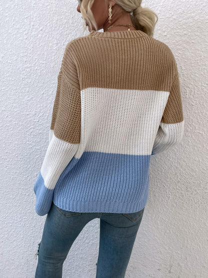 Color Block Round Neck Sweater-Angel Casuals