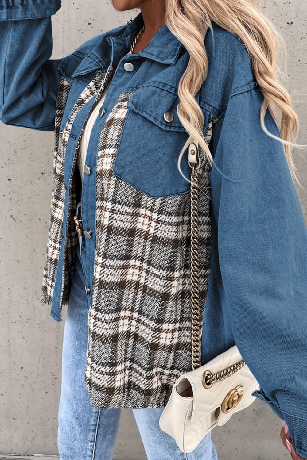 Plaid Pocketed Button Up Denim Jacket-Angel Casuals