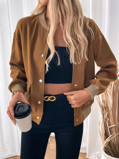 Perfee Baseball Collar Snap Down Long Sleeve Jacket-Angel Casuals