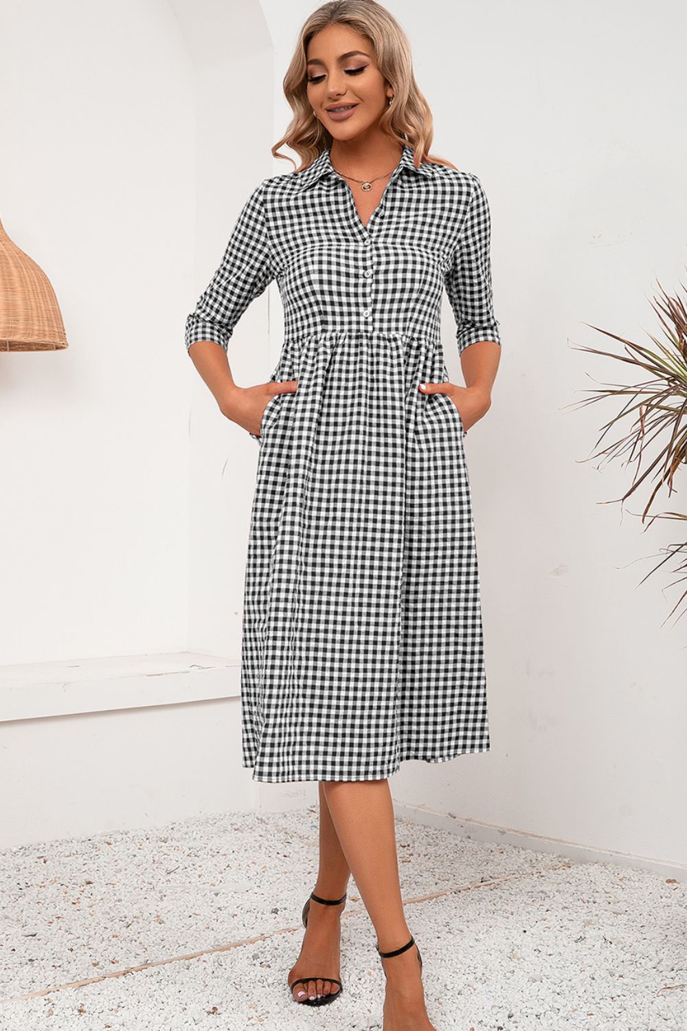 Plaid Collared Neck Midi Dress-Angel Casuals