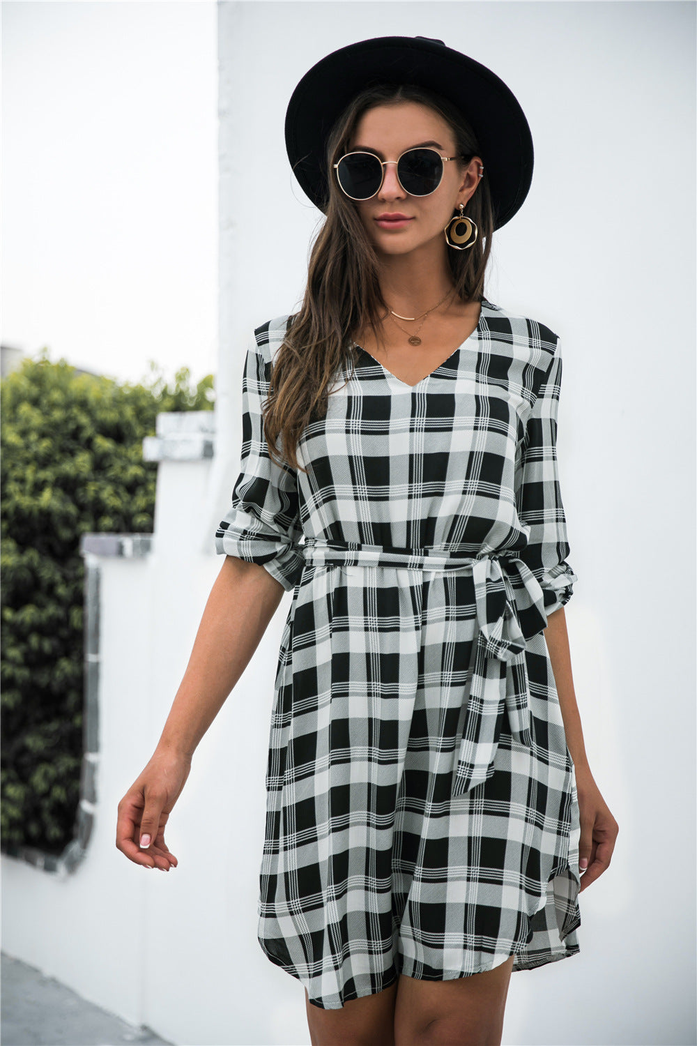 Plaid V-Neck Tie Waist Dress-Angel Casuals