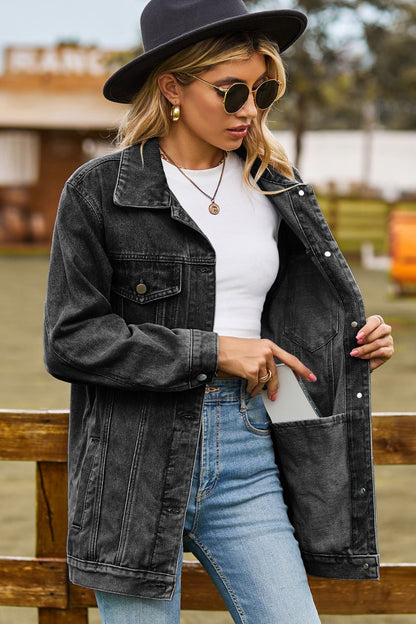 Buttoned Collared Neck Denim Jacket with Pockets-Angel Casuals