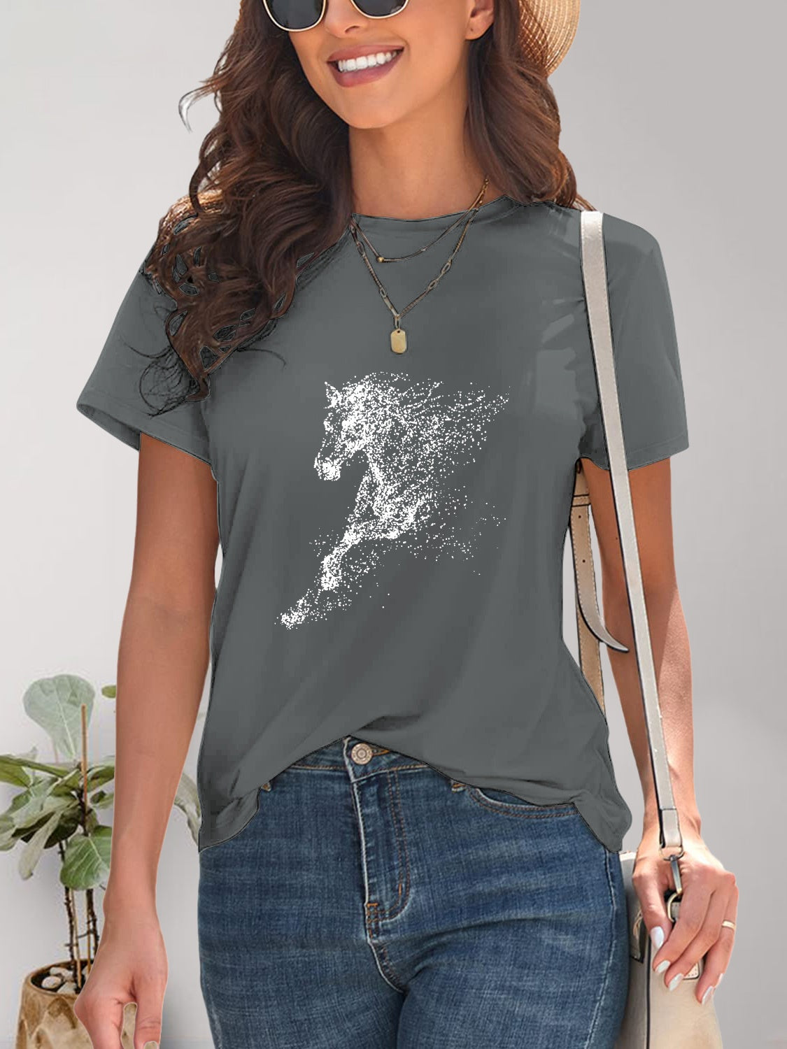 Horse Round Neck Short Sleeve T-Shirt-Angel Casuals
