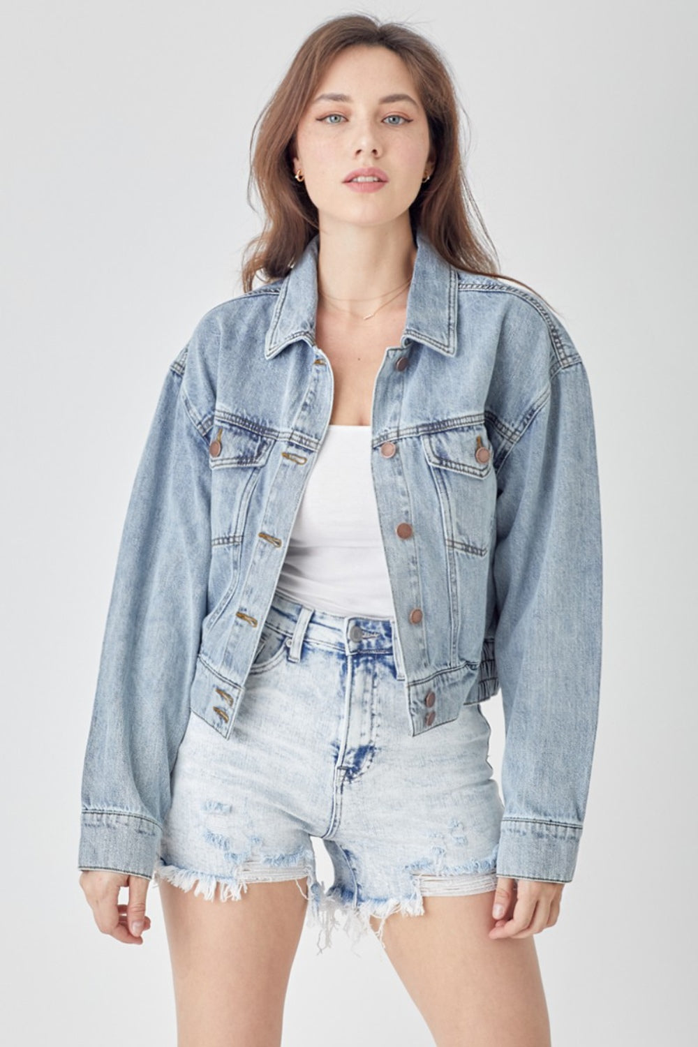 RISEN Full Size Button Down Cropped Denim Jacket-Angel Casuals