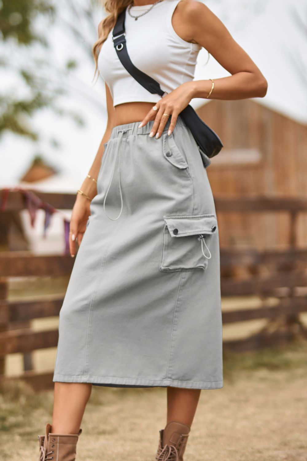 Drawstring Waist Slit Denim Skirt-Angel Casuals