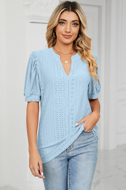 Eyelet Notched Short Sleeve T-Shirt-Angel Casuals