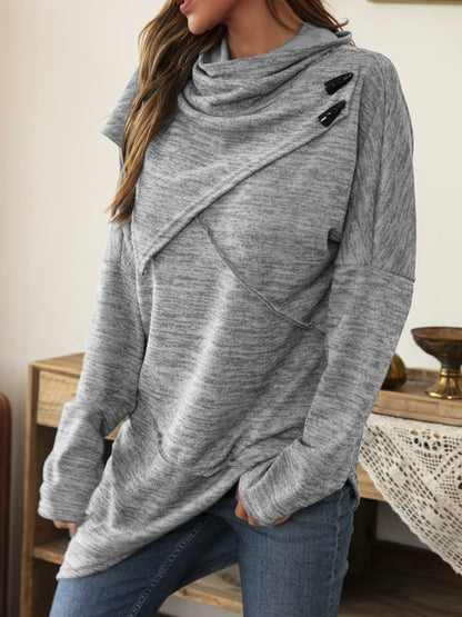 Asymmetrical Hem Cowl Neck Long Sleeve T-Shirt-Angel Casuals