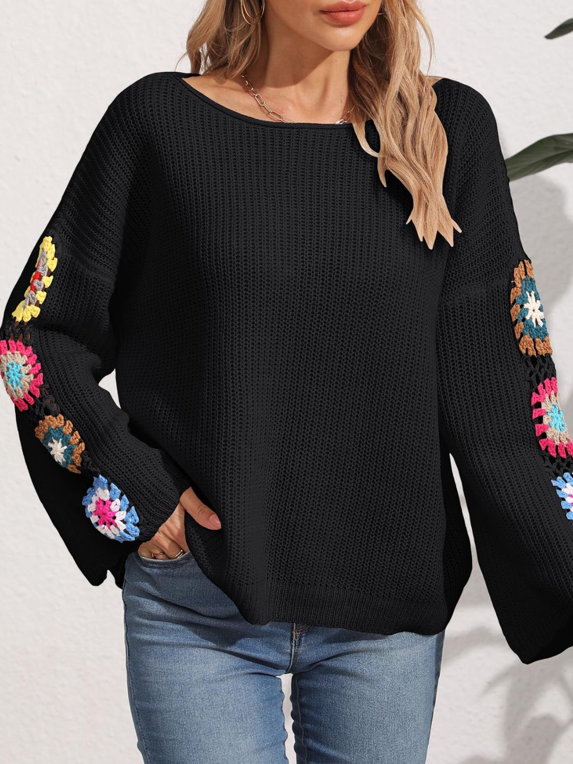 Crochet Flower Long Sleeve Sweater-Angel Casuals