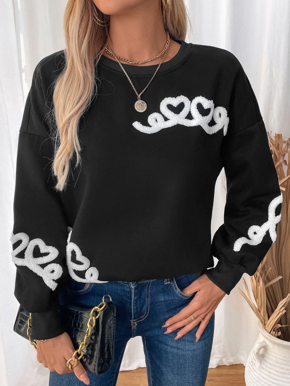 Perfee Heart Round Neck Long Sleeve Sweater-Angel Casuals